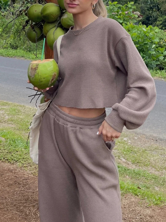 Damen geripptes Cropped-Lounge-Set mit Ballonärmeln und High-Waist Palazzo-Hose EB
