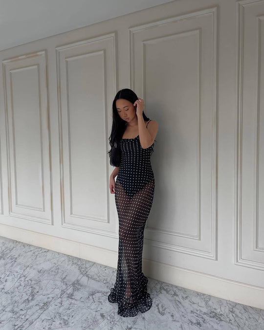 Damen transparenter Maxi-Kleid mit gepunktetem Design und verführerischen Rüschendetails EB