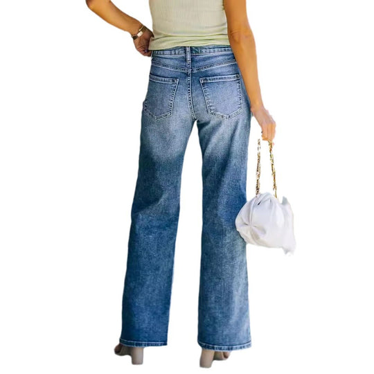 Damen Weit geschnittene Jeanshose mit hohem Bund und dezenten Waschungen EB
