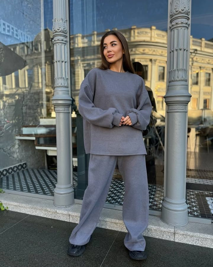 Damen Weiches Oversized-Strick-Loungewear-Set mit legerem Rundhals-Pullover und weiter Komforthose EB