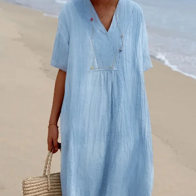 Damen lässiges Langarmkleid mit V-Ausschnitt und großzügigem Schnitt EB