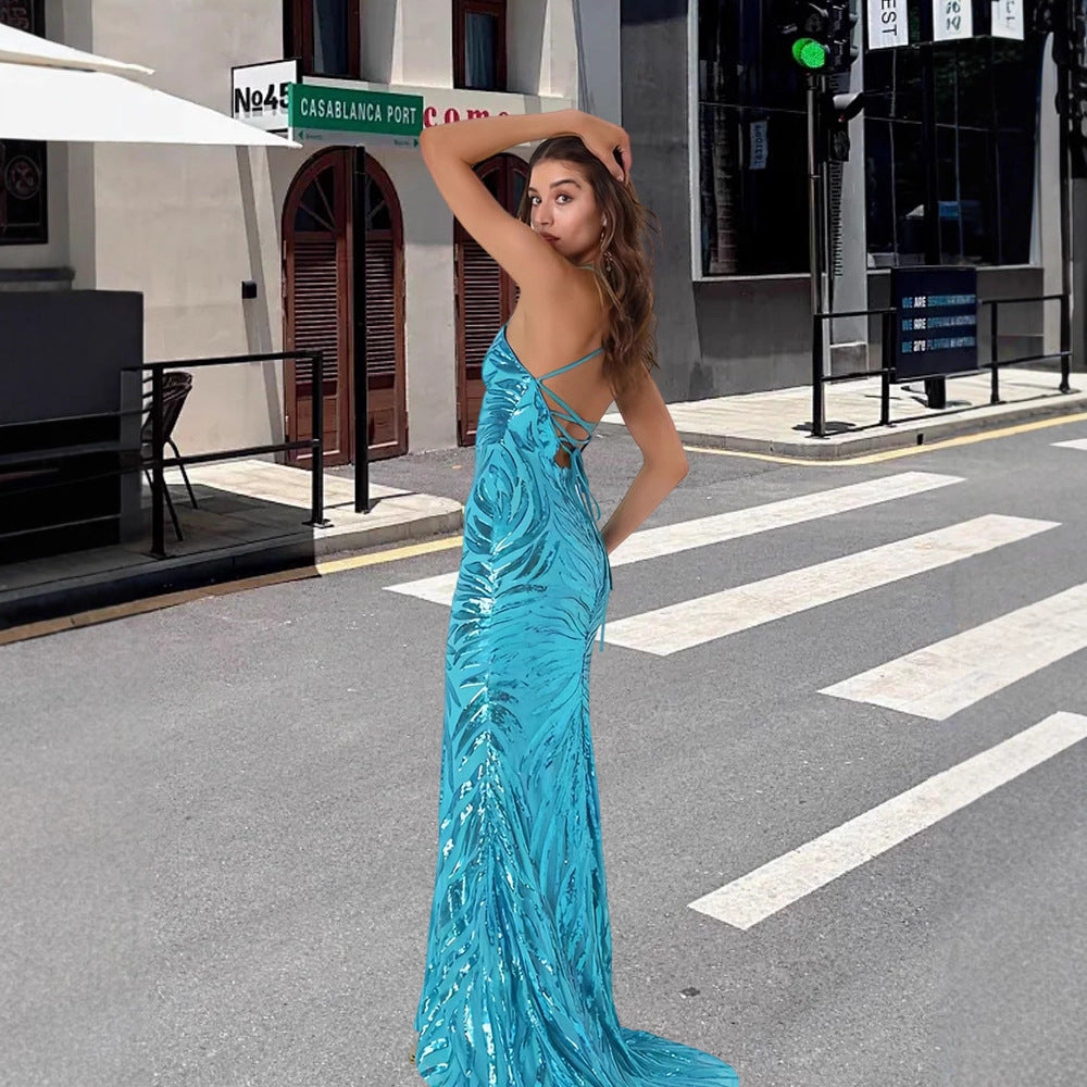 Damen Glamouröses Abendkleid mit funkelndem Paillettenmuster und V-Ausschnitt EB