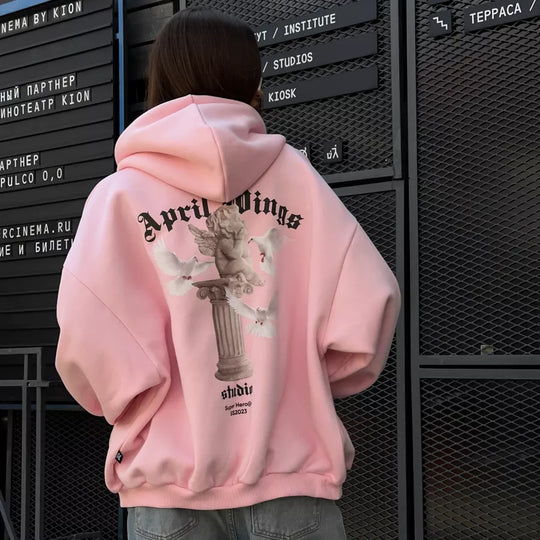 Damen oversized Kapuzenpullover mit Engels-Print und kunstvollem Rückendruck Eichborn Berlin