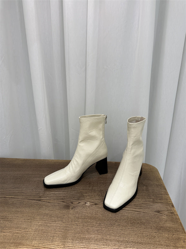 Damen Trendige Ankle Boots mit hohem Blockabsatz und edler Lederoberfläche EB