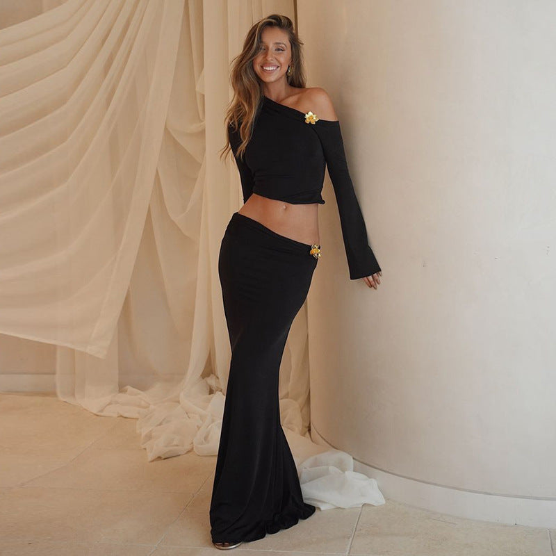 Damen Elegantes Maxikleid mit asymmetrischem Ausschnitt und langen Flügelärmeln EB