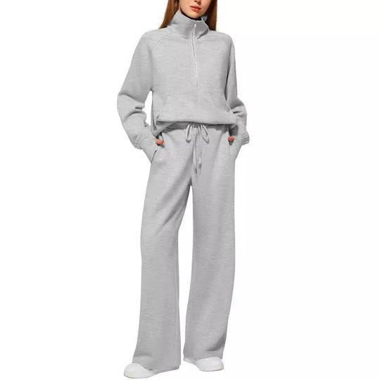 Damen nan halbzip Lounge-Set mit hohem Stehkragen, Kängurutasche und weiten Highwaist-Jogginghose EB