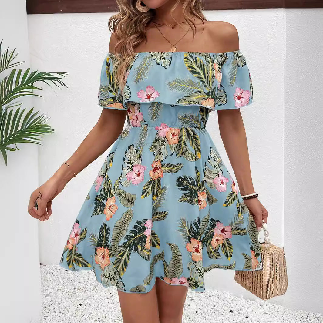 Damen Off-Shoulder Kleid mit floralem Muster und elastischem Taillenzug EB