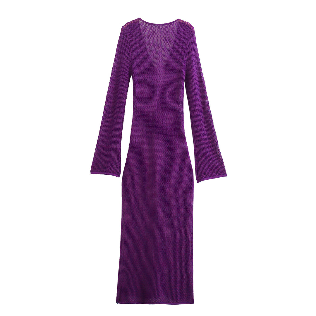 Damen Maxikleid mit tiefem V-Ausschnitt und eleganten langen Ärmeln EB