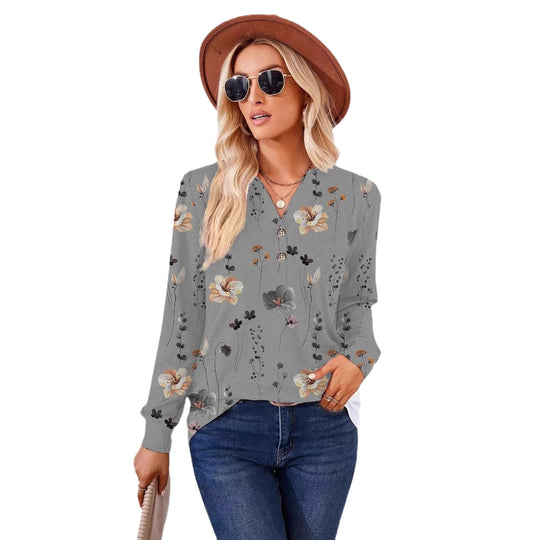 Damen Langarm-Bluse mit floralem Druck und Knopfleiste EB