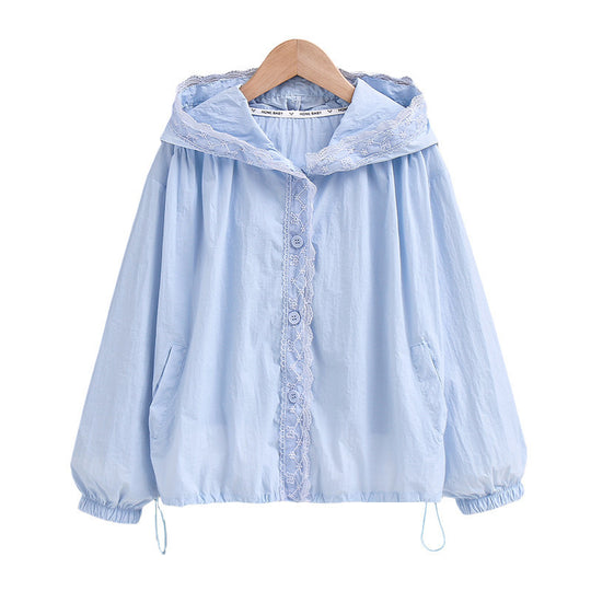 Damen nan leichte Kapuzenjacke mit Spitzendetail, elastischem Saum und Eingrifftaschen R&B