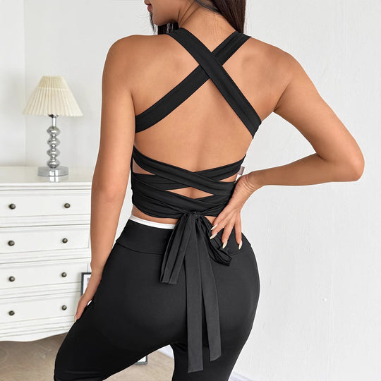 Damen modisches Crop-Top mit raffiniertem Kreuzträger-Design und verspieltem Bindegürtel EB