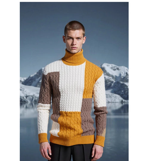 Herren modischer Strickpullover mit strukturiertem Zopfmuster und Stehkragen EB