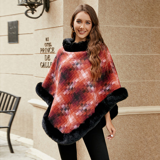 Damen modischer Poncho mit luxuriösem Kunstpelzkragen EB