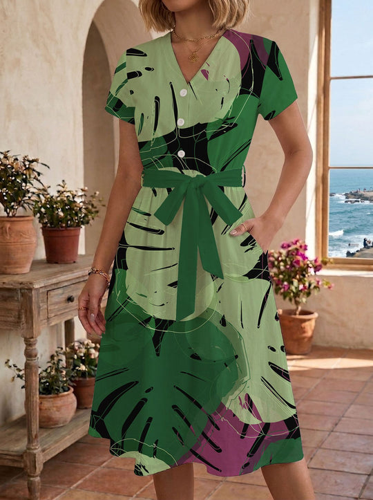 Damen lässiges Maxikleid mit taillierbarem Knoten und dekorativem Karomuster EB