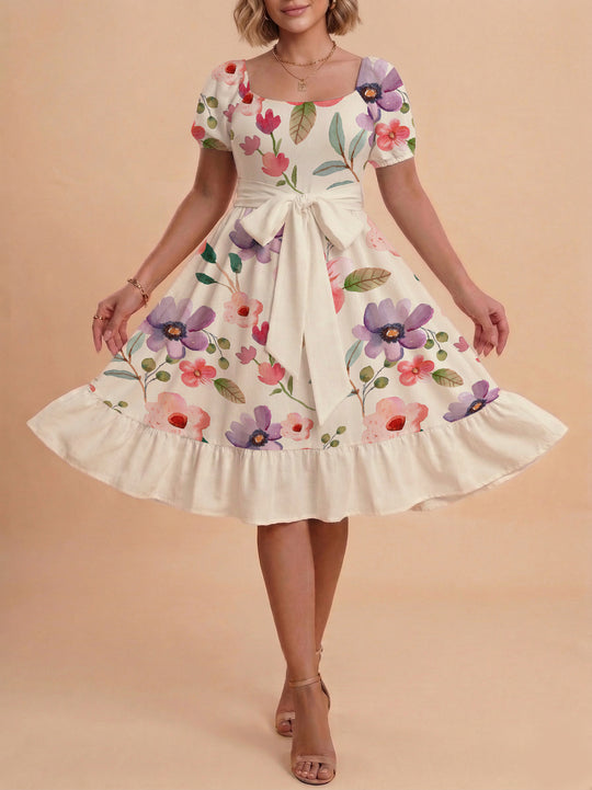 Damen elegantes Maxikleid mit floralem Design und Taillengürtel EB