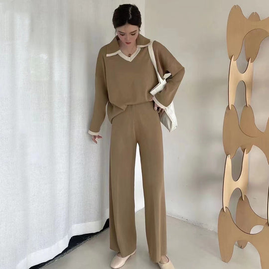 Damen elegantes und lässiges Strickensemble mit V-Ausschnitt und breitem Saum EB