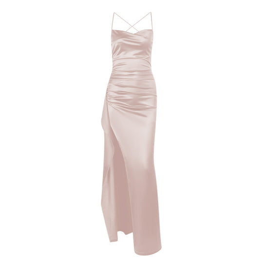 Damen elegantes Satin-Kleid mit tiefem Schlitz und verstellbaren Spaghetti-Trägern EB
