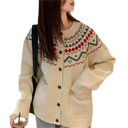 Damen Strickjacke im skandinavischen Stil mit dekorativem Muster und praktischen Taschen EB