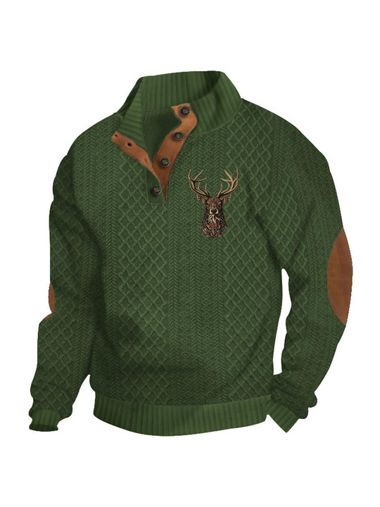 Herren nan Heritage-Strukturpullover mit Stehkragen Lederimitat-Besatz Ellenbogen-Patches und Halbknopfleiste EB