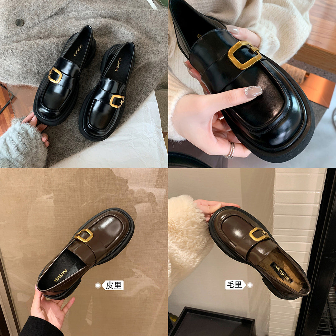 Damen Elegante Loafers mit stabiler Sohle und goldfarbener Schnallenakzent EB