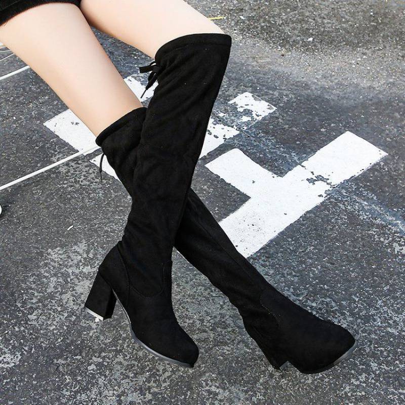 Damen modische Overkneestiefel mit Blockabsatz und raffiniertem Schnürdetail EB