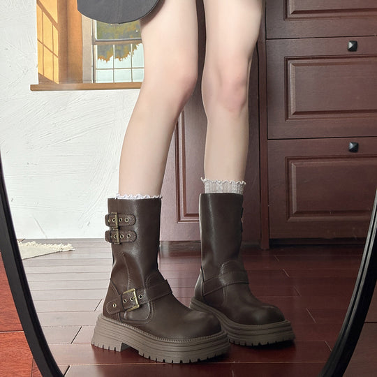 Damen Robuste Schnürstiefel mit dekorativen Schnallen und stabiler Sohle EB
