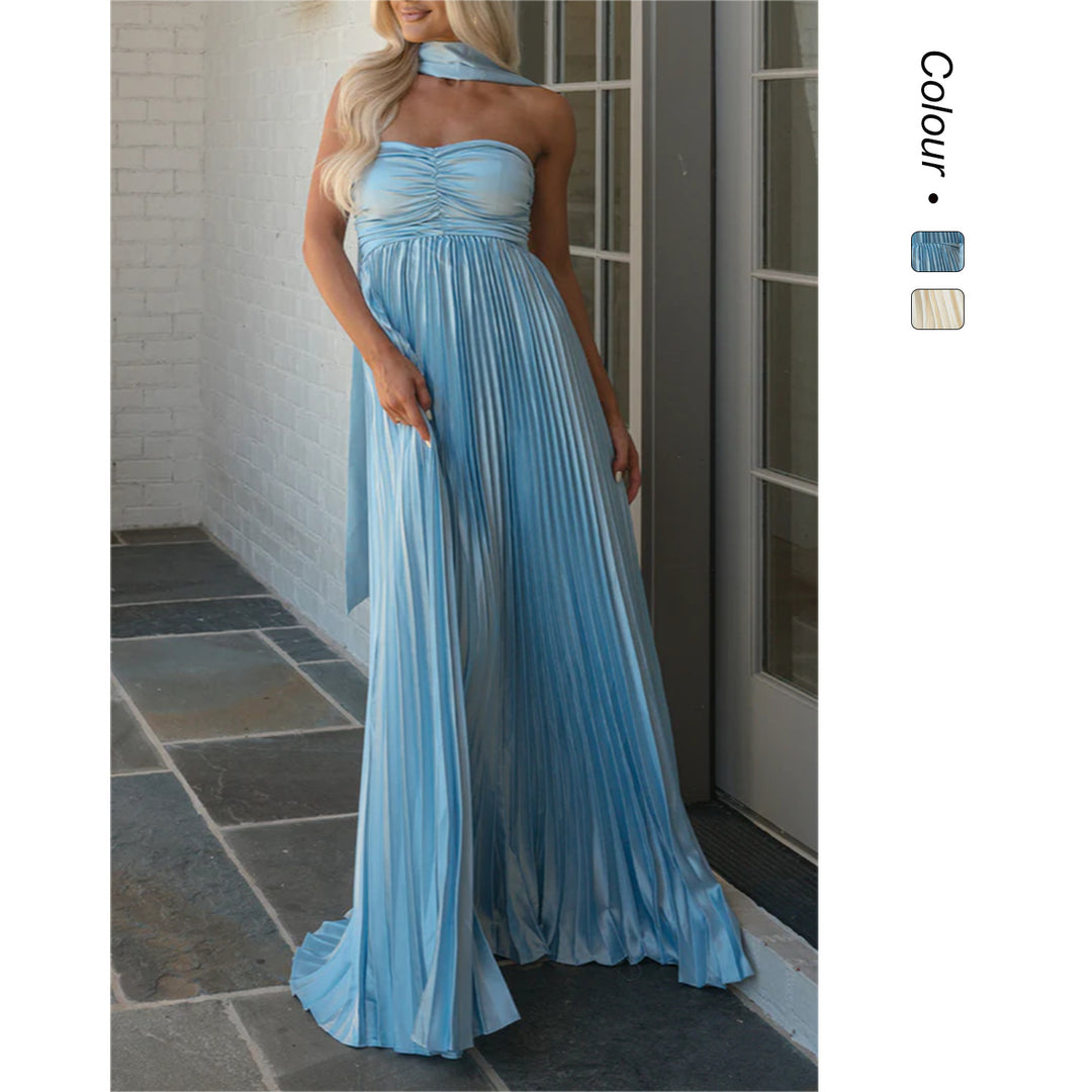 Damen Langarm Maxi-Kleid mit elegantem Faltenrock und schulterfreier Silhouette EB