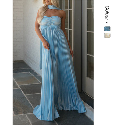 Damen Langarm Maxi-Kleid mit elegantem Faltenrock und schulterfreier Silhouette EB
