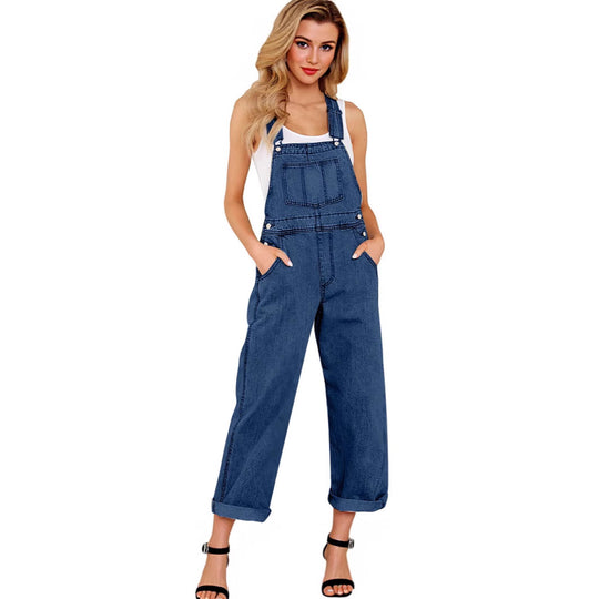 Damen lässige Denim-Latzhose mit praktischen Taschen und weiten Beinen EB