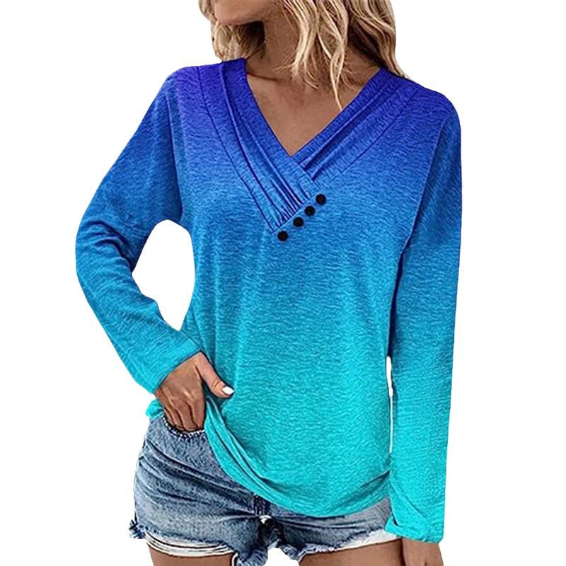 Damen Gerippter V-Ausschnitt Pullover mit Farbverlauf, Zierknöpfen und legerer Passform EB