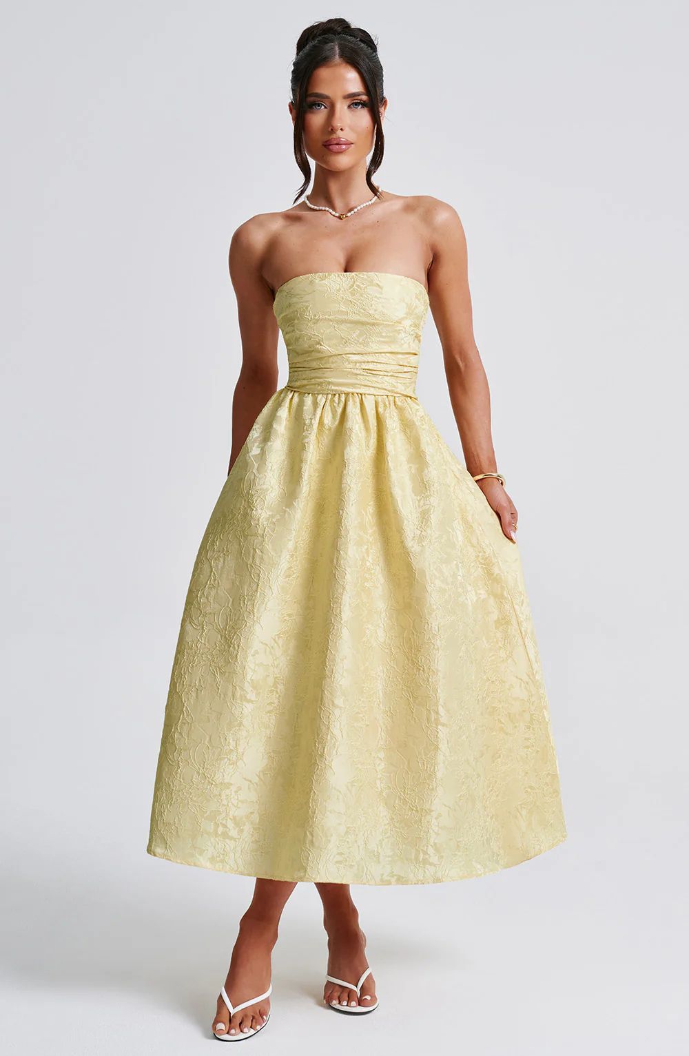 Damen schulterfreies A-Linien Kleid mit luxuriösem Blumenmuster EB