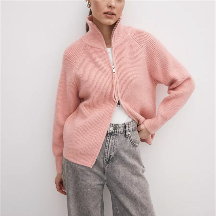 Damen Strickjacke mit hohem Kragen und Reißverschluss EB