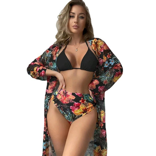 Damen Bikiniset mit hohem Bund und floralem Überwurf EB