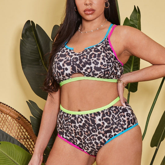 Damen Hochgeschnittener Triangel-Bikini mit modischem Animal-Print und sportlichem Design EB