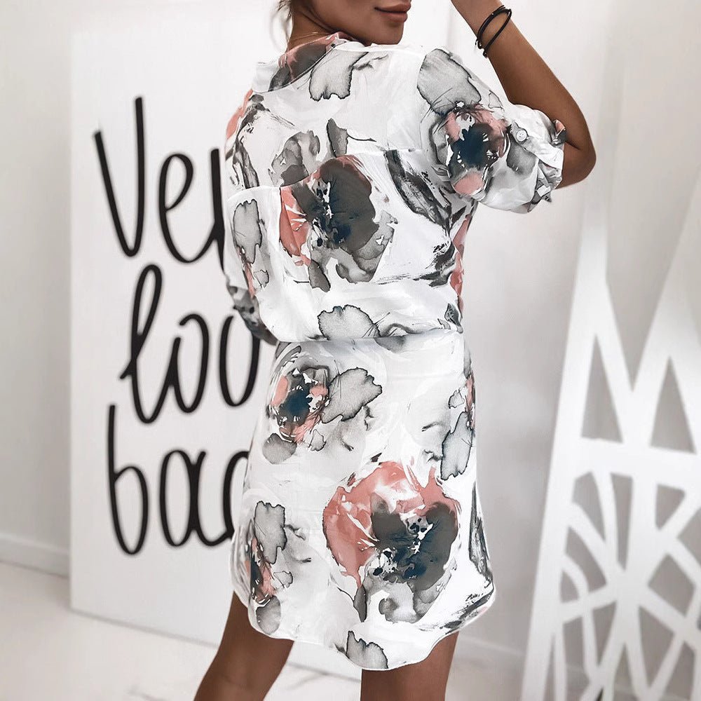 Damen Hemdblusenkleid mit floralem Design und Knopfleiste EB