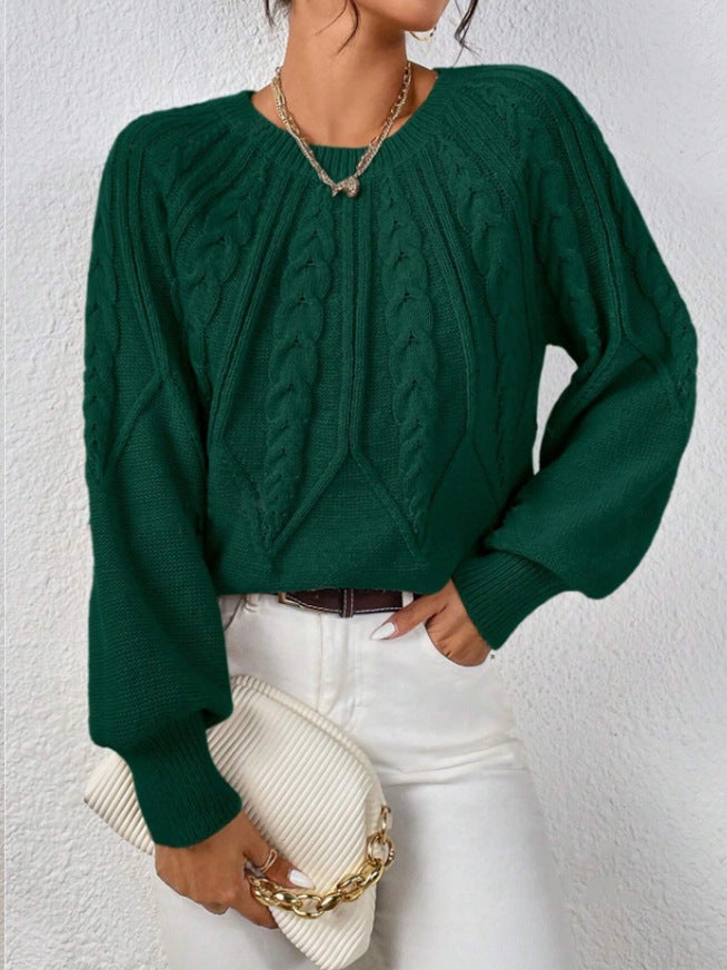Damen nan kurzer Zopfmuster-Strickpullover mit Ballonärmeln und geripptem Saum EB