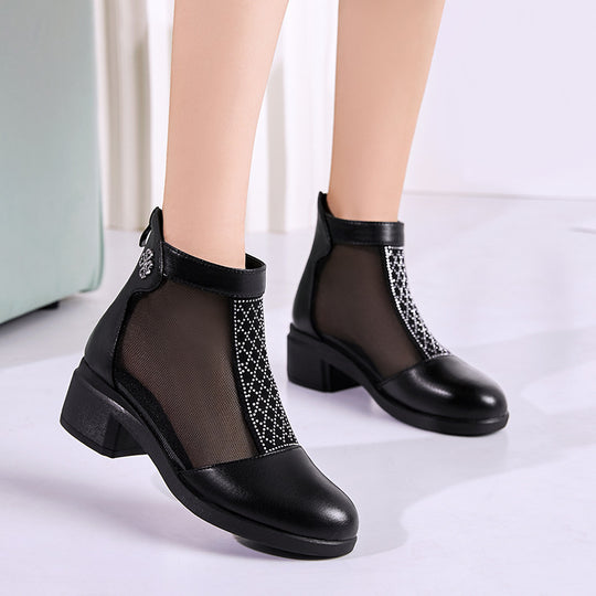 Damen Elegante Stiefeletten mit modischem Mesh-Einsatz und Blockabsatz EB