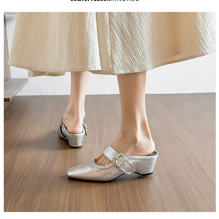 Damen elegante Mules mit funkelndem Riemen und komfortablem Blockabsatz EB