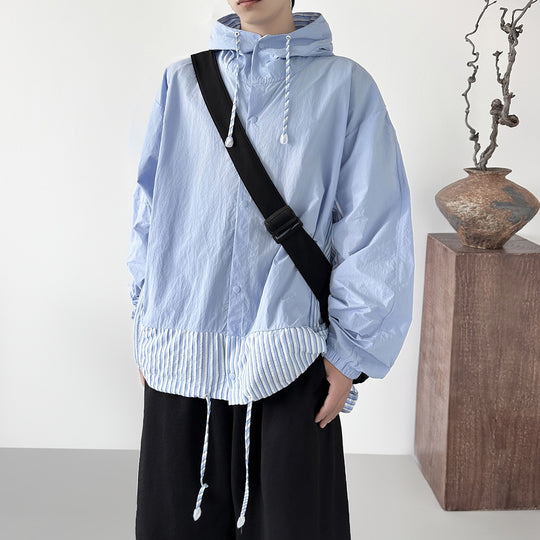 Damen nan leichte Kapuzenbluse-Jacke mit gestreiften Einsätzen, Tunnelzug und Druckknöpfen EB