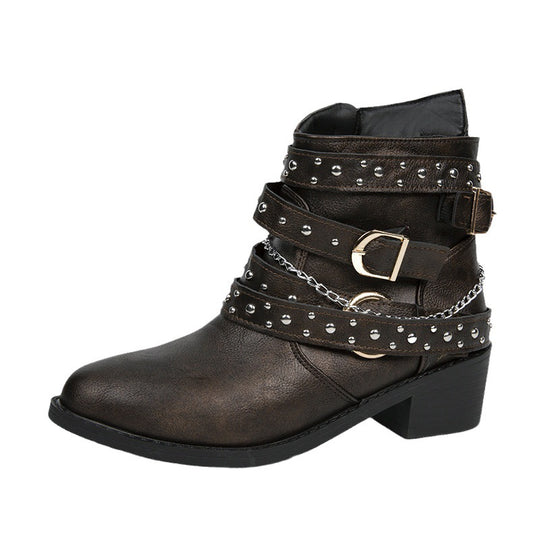 Damen modische Stiefeletten mit verzierten Riemen und Kettenelementen EB