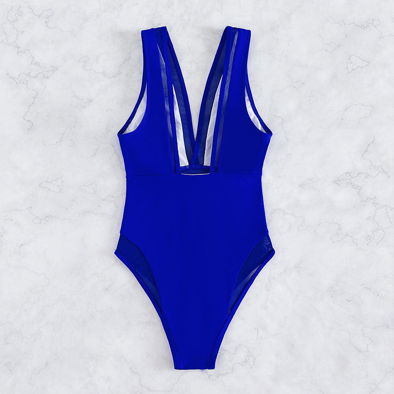 Damen Sportlicher Einteiler Badeanzug mit tiefem V-Ausschnitt EB