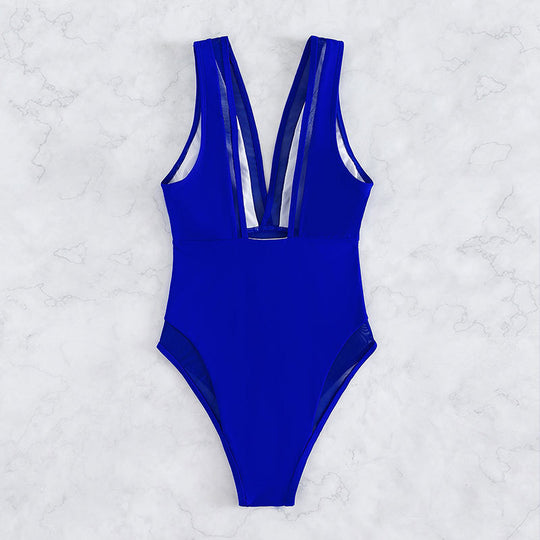 Damen Sportlicher Einteiler Badeanzug mit tiefem V-Ausschnitt EB