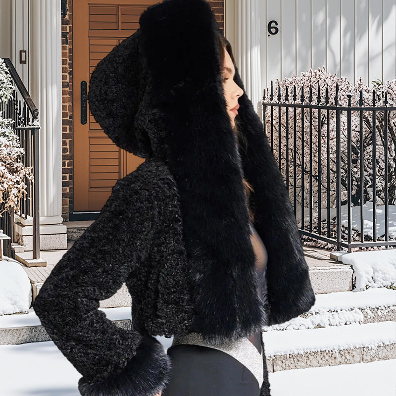 Damen luxuriöse Kunstpelzjacke mit voluminösen Ärmeln EB