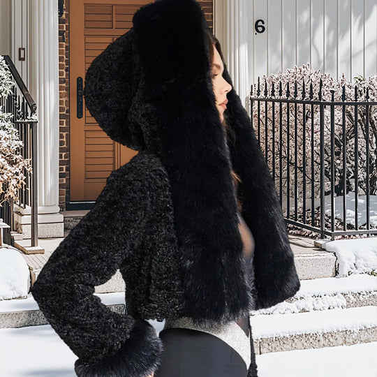 Damen luxuriöse Kunstpelzjacke mit voluminösen Ärmeln EB