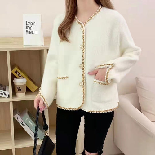 Damen Elegante Strickjacke mit dekorativen Perlenknöpfen und feiner Struktur EB