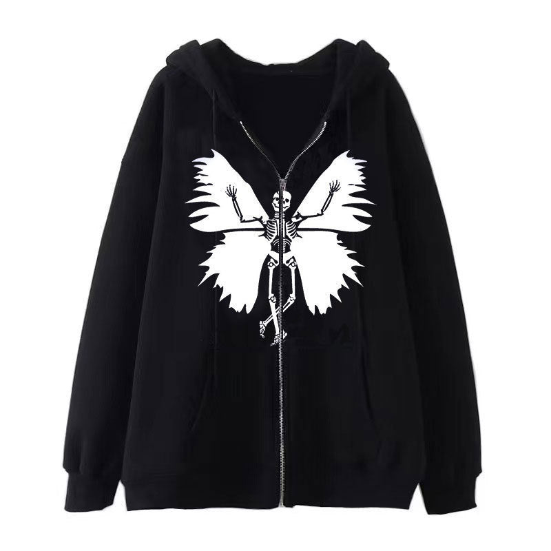 Damen Zip-Hoodie mit einzigartigem Skelett- und Schmetterlingsmotiv EB