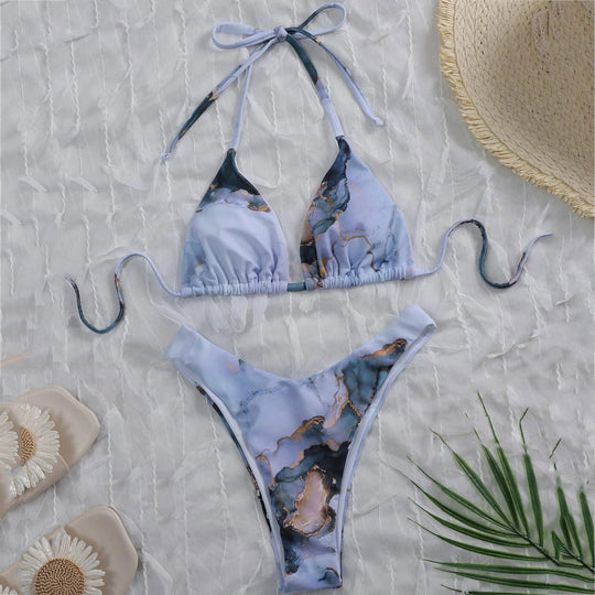 Damen Hoch geschnittenes Bikini-Set mit stylischem Marmor-Print EB
