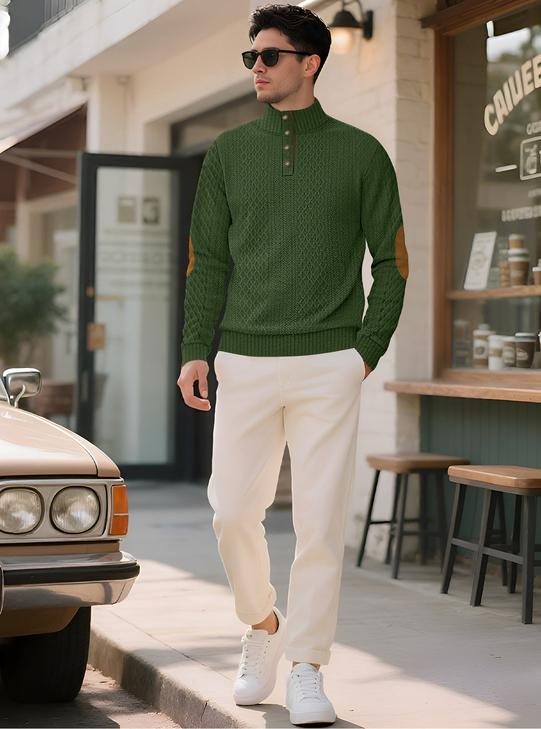 Herren nan edler Knopfsweater im Zopfmuster mit hohem Stehkragen und Wildleder-Ellenbogenpatches EB