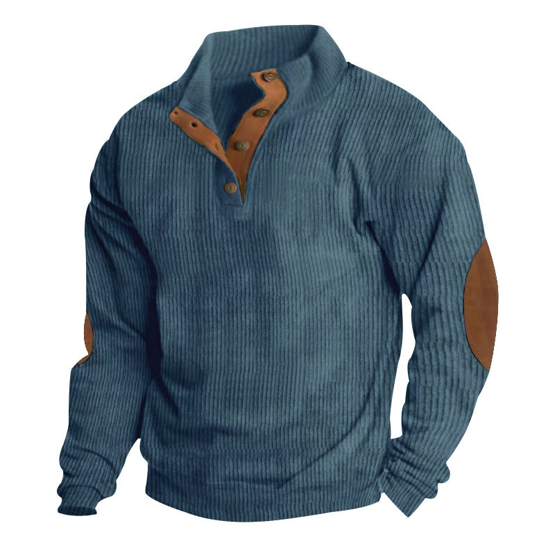 Herren nan grober Rippstrick-Pullover mit Stehkragen, Knopfleiste und markanten Ellenbogenpatches EB