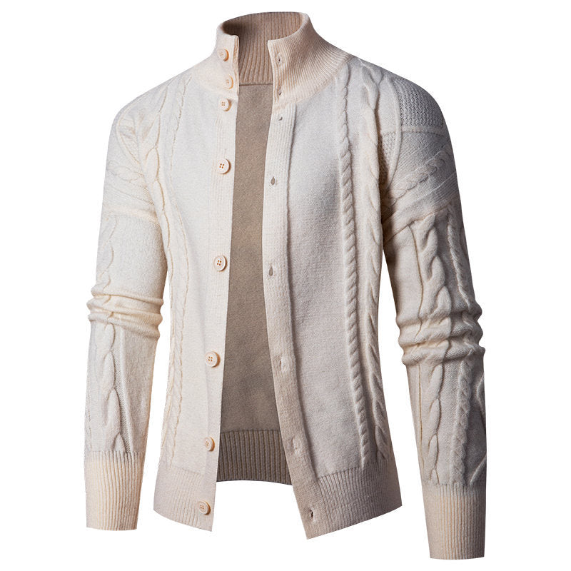 Herren Strickjacke mit klassischem Kabelmuster und hohem Stehkragen EB